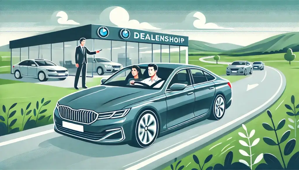A person taking test drive of a new car near Car Dealer showroom.